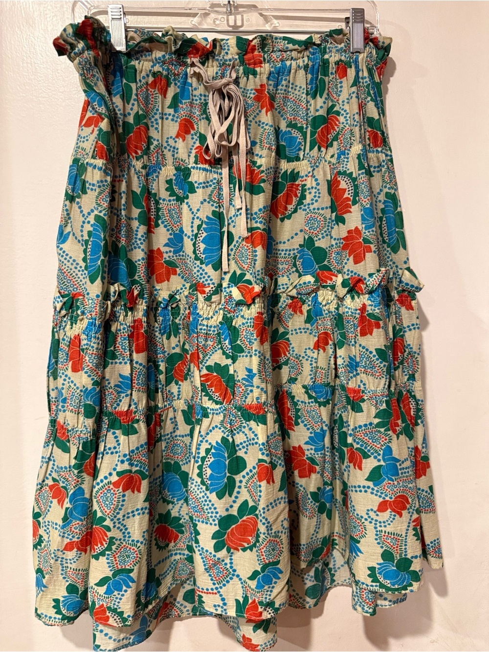 Floral Tiered Drawstring Skirt in Cream, Aqua, Orange: 6
